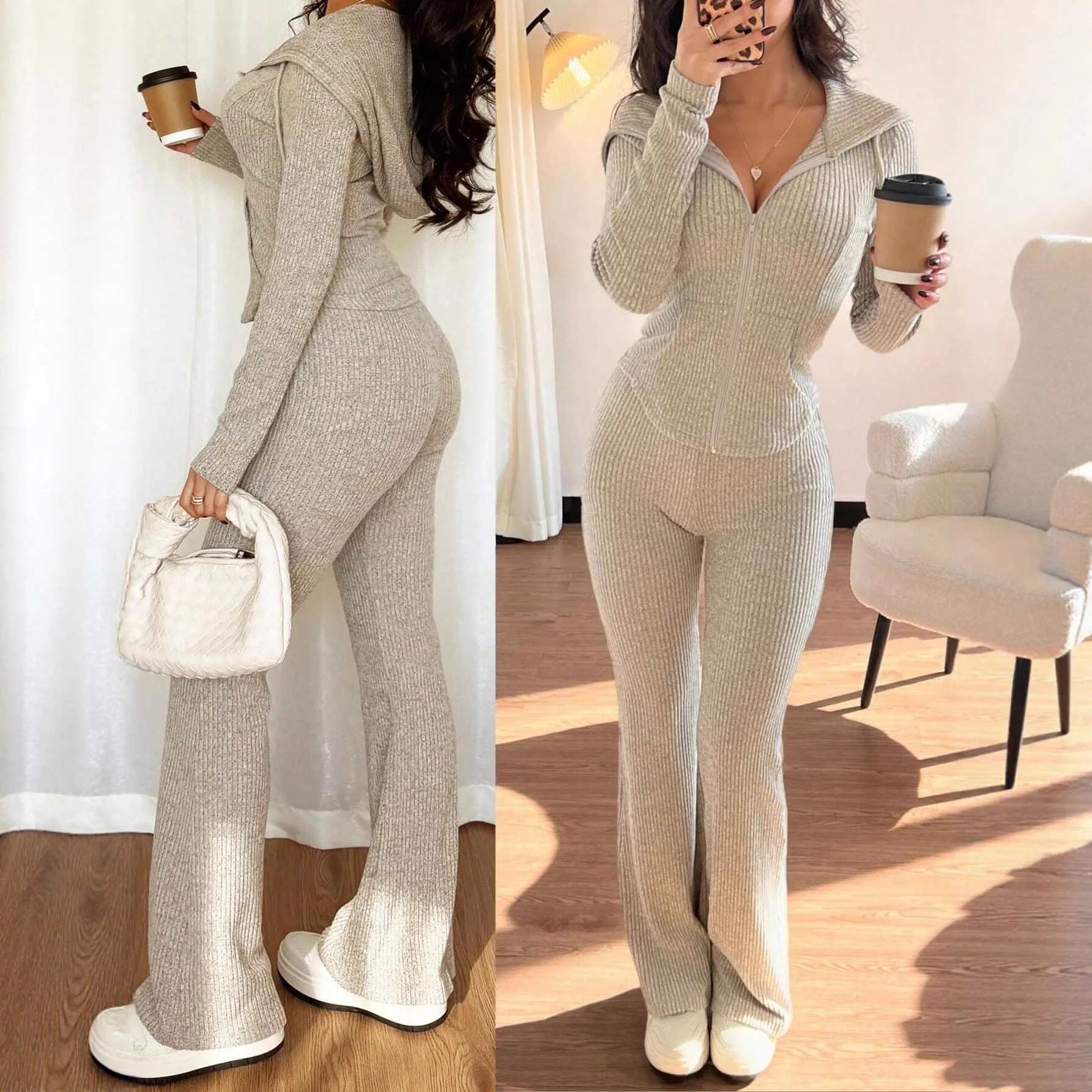 2025 الخريف اليومية بدلة نسائية غير رسمية المألوف بلون سستة سترة مقنعين بنطلون مريح سليم قطعتين مجموعة #1