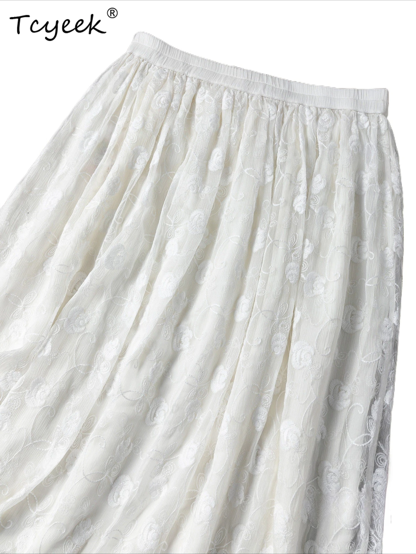 Tcyeek 100% Real Silk Women Long Skirts 2026 Spring French-style Embroidered Flowing Skirt Female Clothing Faldones Para Mujer