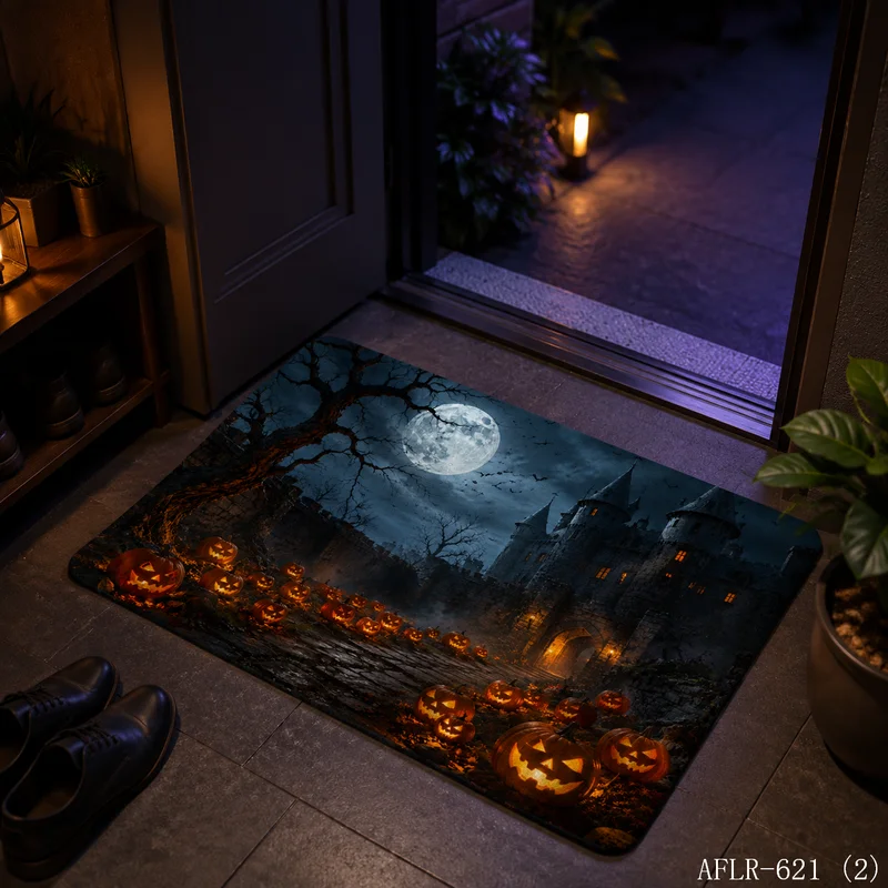 VIKAMA Halloween Haunted Castle Pumpkin Full Moon Bat Doormat Non Slip Entryway Floor Mat Spooky Night Indoor Home Decor