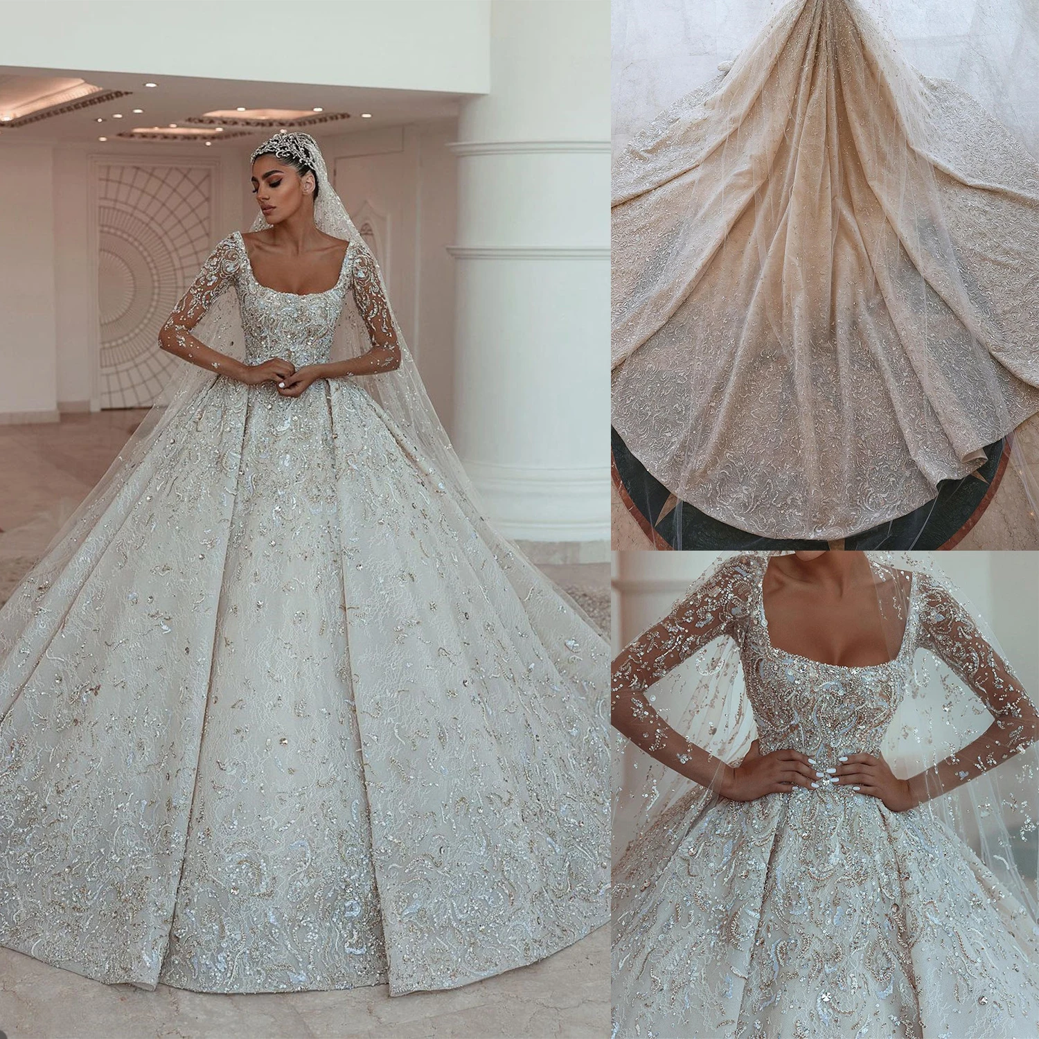 

Luxury A Line Wedding Dresses With Veil Scalloped Lace Applique Crystal Bridal Gown Sweep Train Vestidos De Novia Custom Size