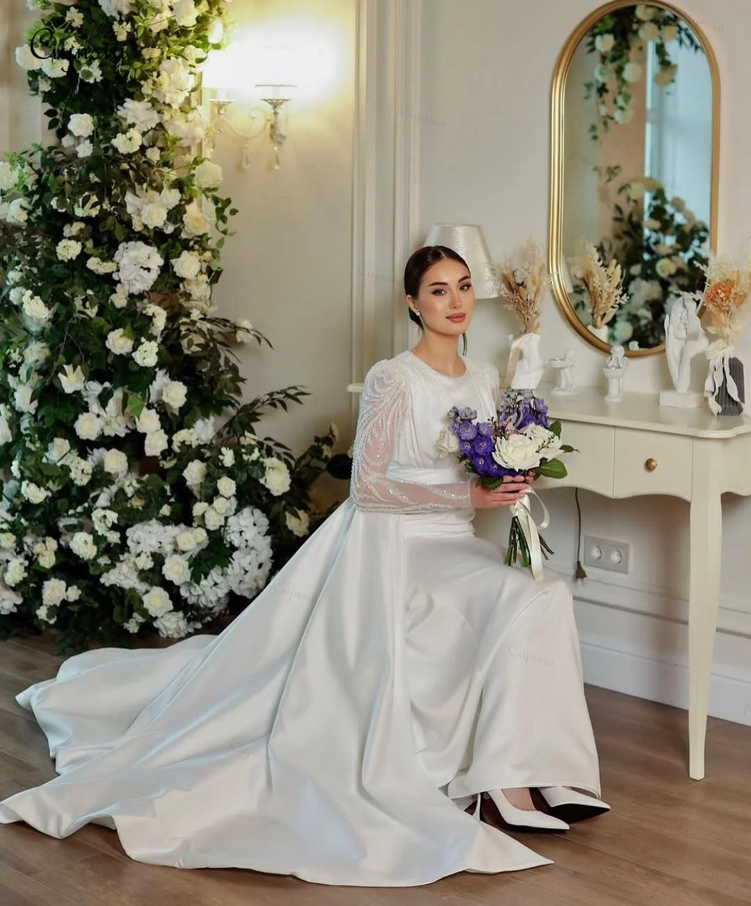 

Ciynsia Luxury Satin Women's Wedding Dresses Mermaid Sexy Glitter Long Sleeve Muslim Bridal Gowns Robes De Mariée Customized