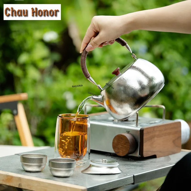 ZAEYORIA 1270ml Pure Titanium Snow Crystal Handle Boiling Water Kettle Large Capacity Tea Infuser Pot Yellow Rice Wine Kettle