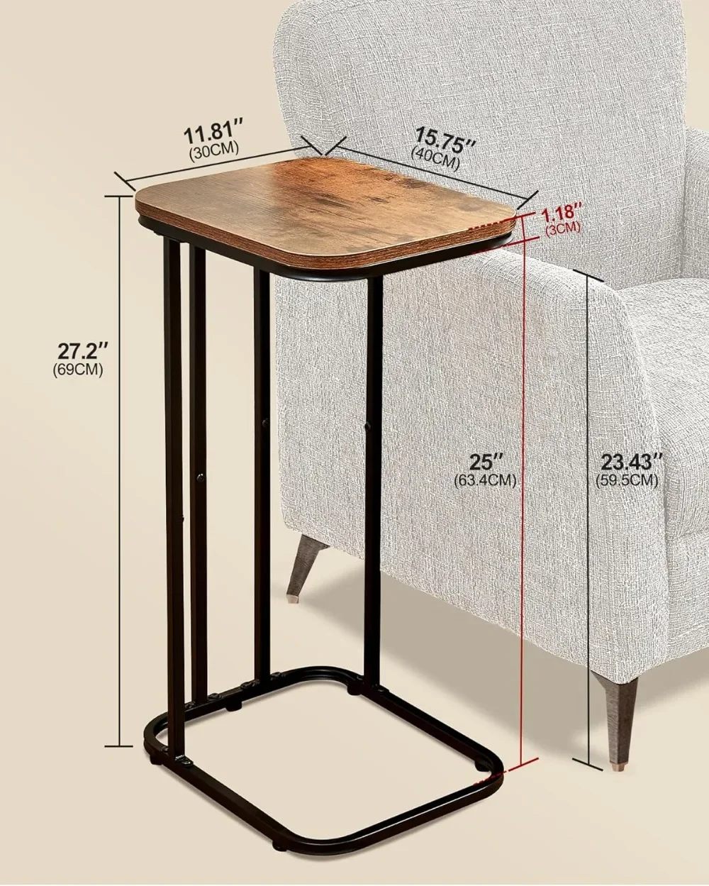 C Shaped End Table Set of 2, Small Side Table for Sofa and Bed, Couch Tables That Slide Under, Tall Tv Tray Table