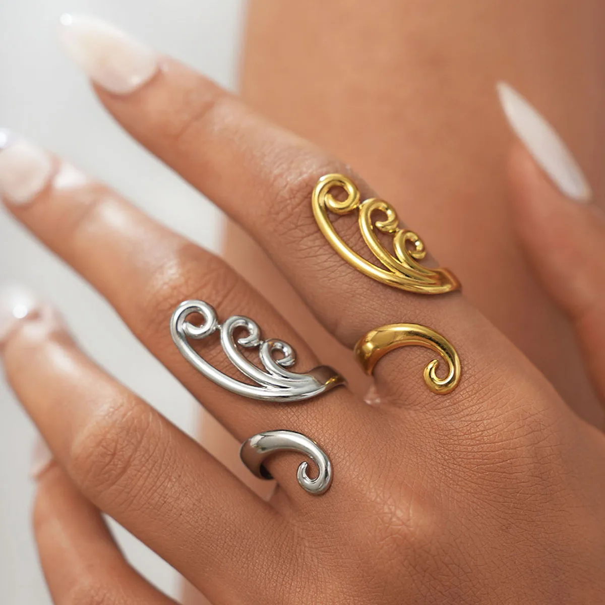 Exquisite Geometrie-Design-Edelstahlringe, 18 Karat vergoldet, wasserdicht, hochwertiger Schmuck für den täglichen Gebrauch, Urlaub am Meer