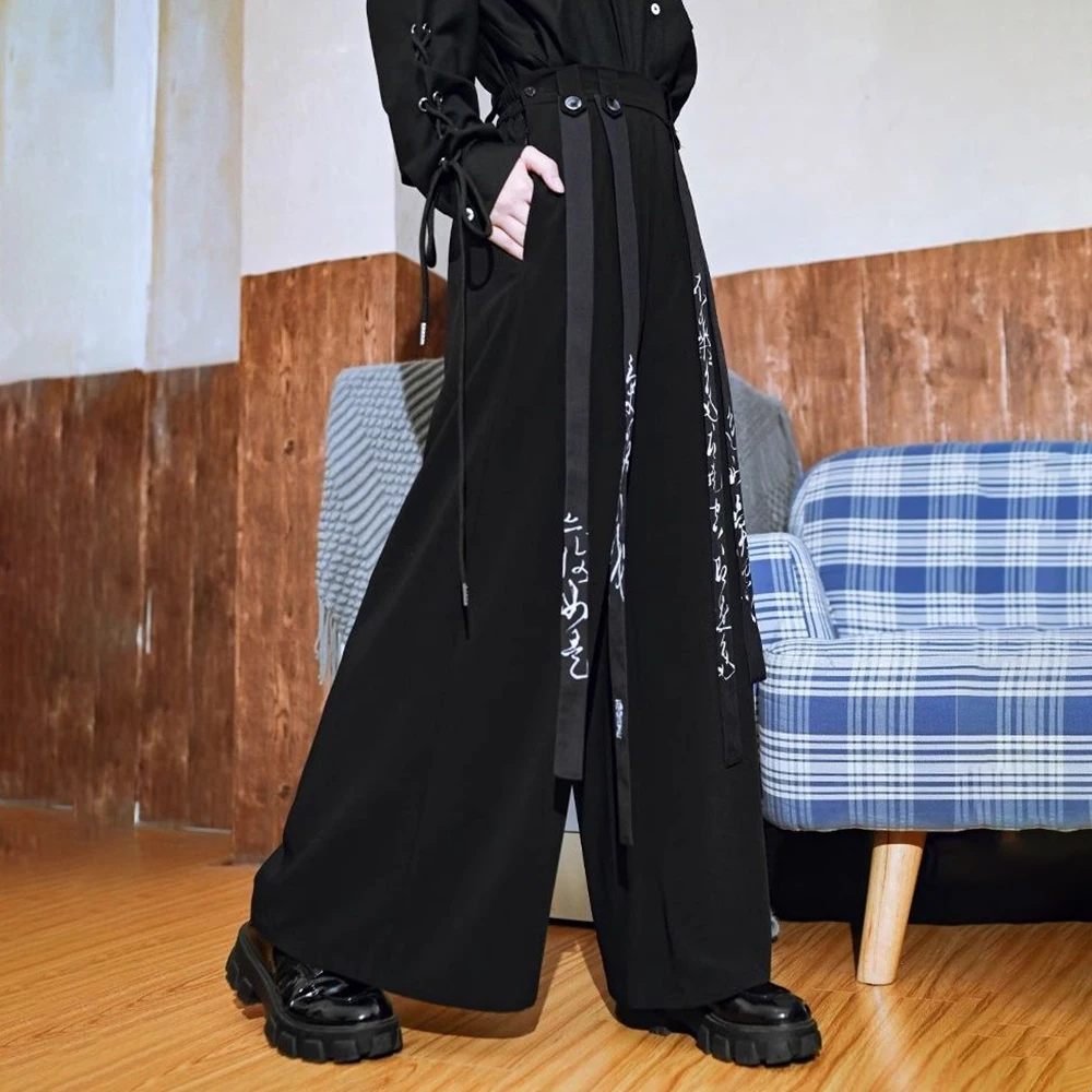 Y2k Calligraphy Ribbon Skirt Pants Gothic Dark Style Hakama Genderless Japanese Streetwear Casual Wide-Leg Samurai Pants Unisex