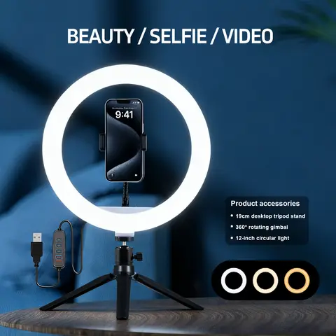 12" Selfie Ring Light with 7.5" Desktop Tripod Stand & 1 Phone Holder, LED Ringlight with 3 Dimmable Modes for Makeup