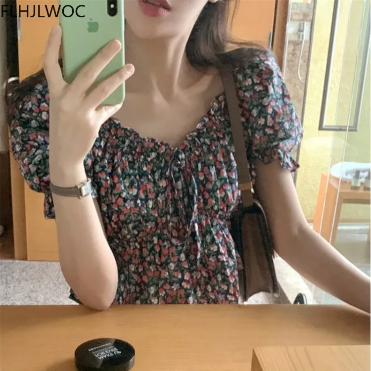 2021 Summer Korea Chic Tops Blusas Fashion Flhjlwoc Design Short Crop Peplum Floral Print Sexy Off Shoulder Women Blouses