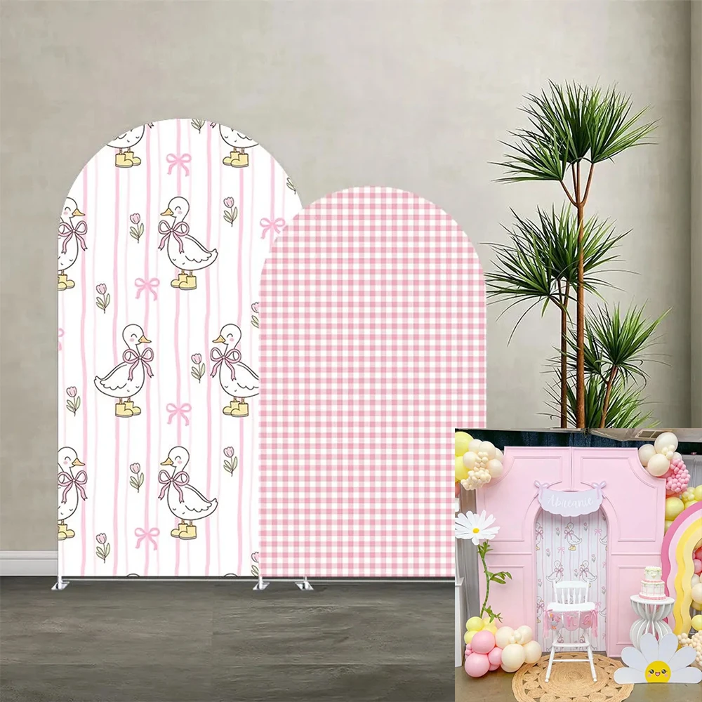 One Silly Goose Arch Backdrop Cover Custom 2-sided Pink Plaids Sweet Girl DIY Age Text Birthday Party Flowers Bow Background