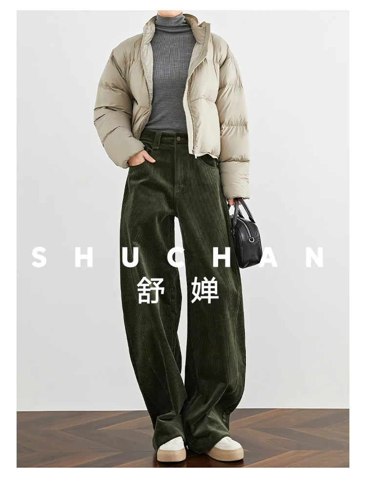 Fleece Retro Green Corduroy Pants Women's High Waist Striped Pants Wide Leg Pants Winter Korean Style