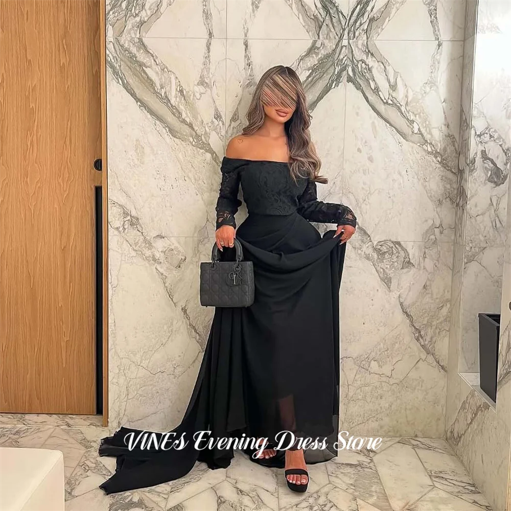 

VINES Black Evening Dress Off the Shoulder Long Sleeve Party Dress Mermaid Chiffon vestidos de fiesta Prom Gowns Customized