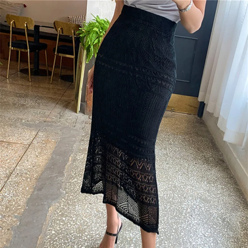 High Quality New Fashion Womens Autumn Long Skirt Elegant Hollow Out Crochet Knitted Maxi Skirt Chic Elasticity Waist Skirts