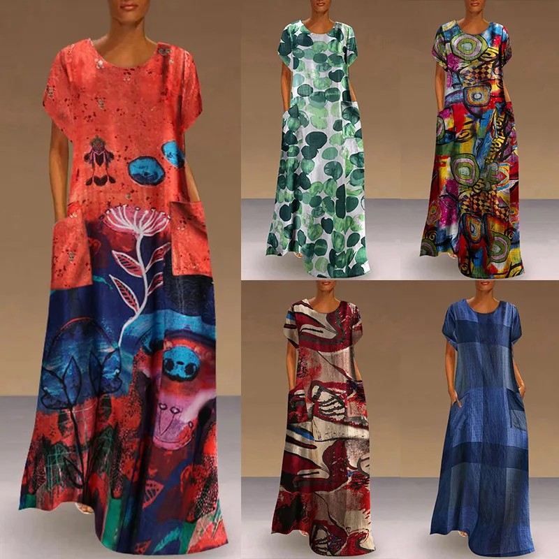 

2025 Summer Women's Short Sleeve Long Dress Printed Casual Dress Women's Fashion A002