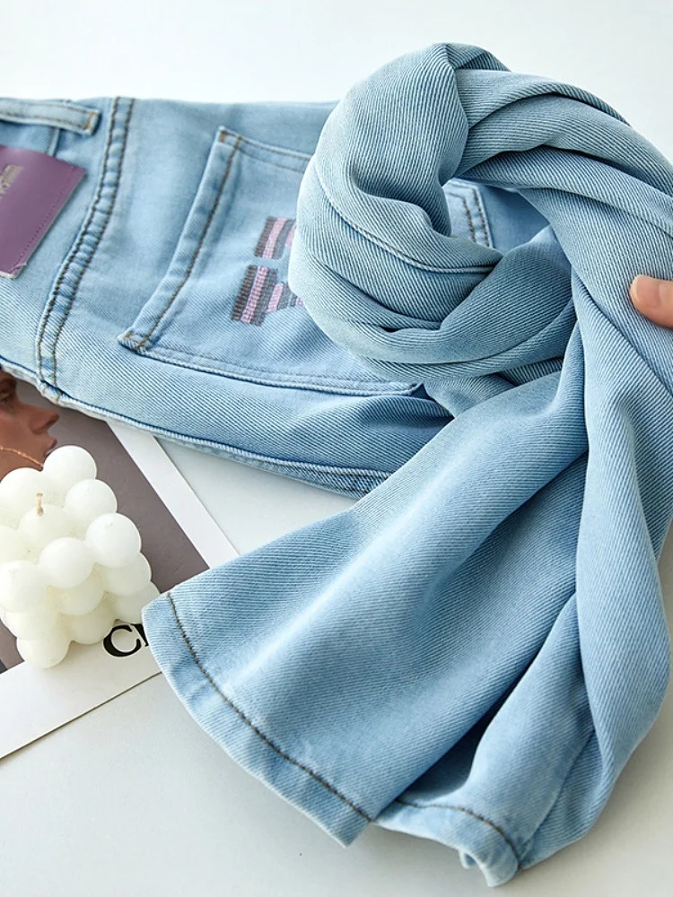 Verão fino bordado cintura alta perna larga jeans feminino corte reto emagrecimento fino ajuste longo algodão poliéster mistura