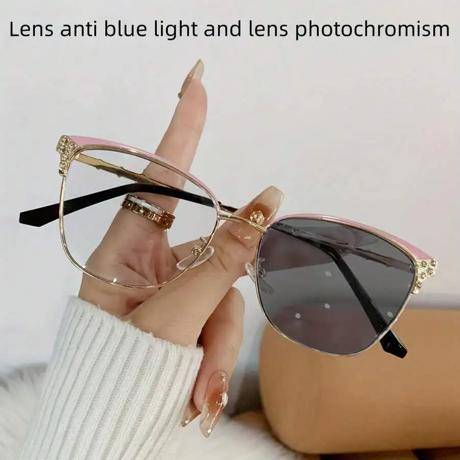 Fashionable Women's Rhinestone Cat-Eye Glasses, Dual-Purpose Multifunctional, Featuring Smart Photochromic Lenses