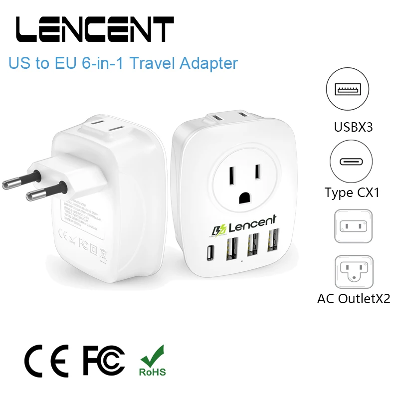 LENCENT US to EU Travel Adapter with 2 AC Outlet 3 USB and 1 Type C Power Adapter Overload Protection 6-in-1 Charger for Travel