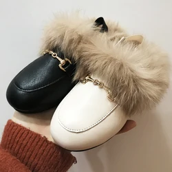 Winter Kids Fur Princess Shoes Baby Girls Brand Leather Slides Children Slip On Slippers Toddler Fashion Dress Flats Boys Shoes