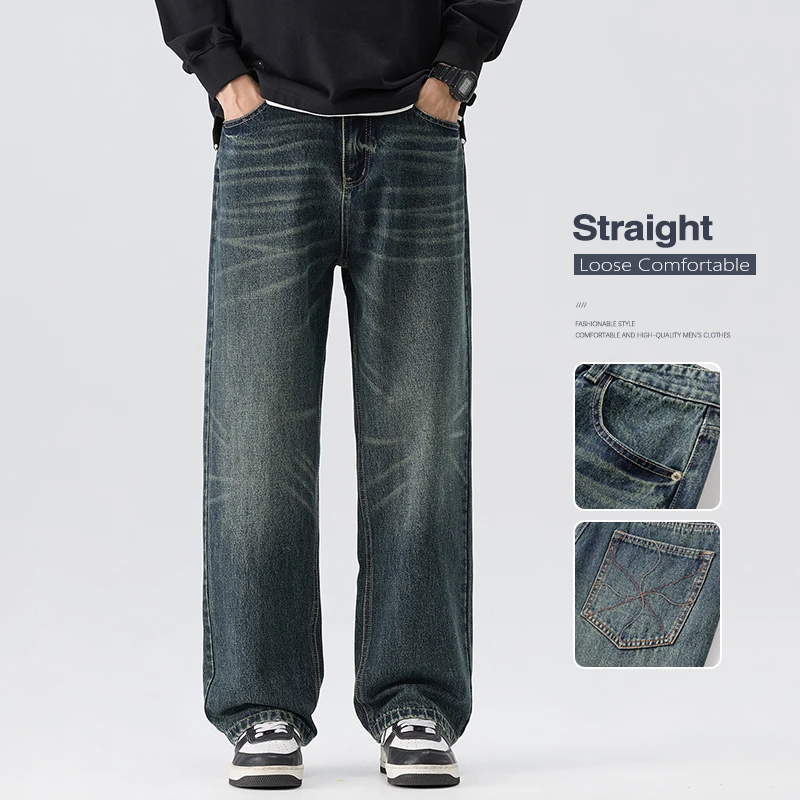 

Винтажные джинсы, свободные широкие мужские весенние новые прямые джинсовые брюки, модные корейские повседневные брюки с вышивкой High Street
