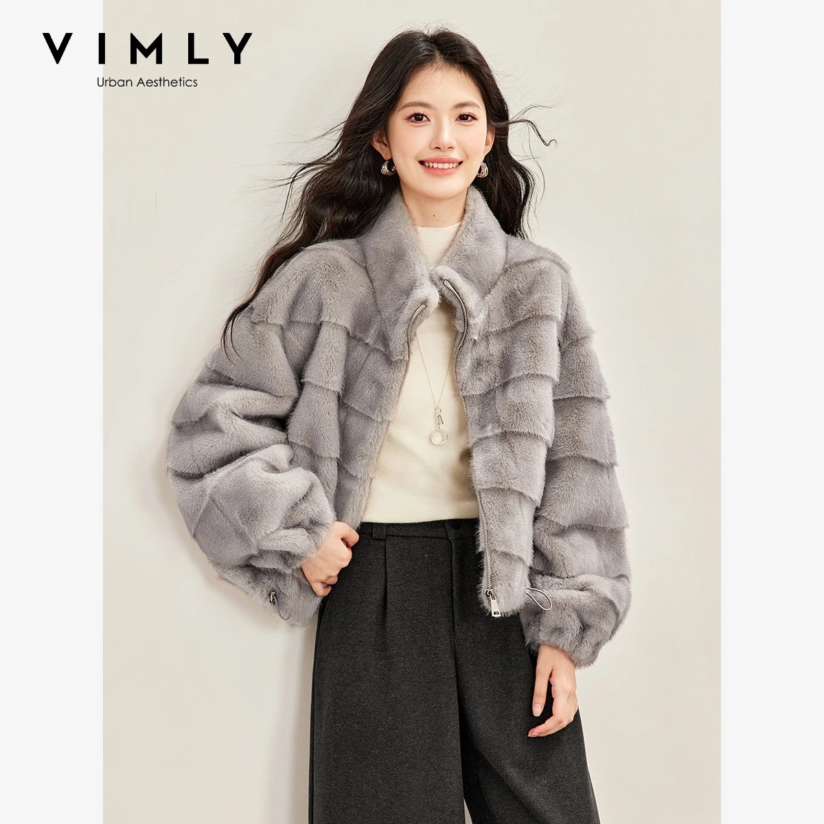 VIMLY Apricot Faux Fur Short Coat Women 2026 Winter New Faux Fur Integrated Loose-fit Warm Jacket Fashion Female Outwear 32101