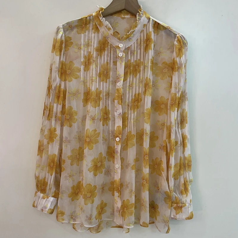 

Women's Fashionable Elegant and Comfortable Shirt With Lotus Leaf Lace Collar Yellow Flower Print Apricot V-neck Long SleevedTop