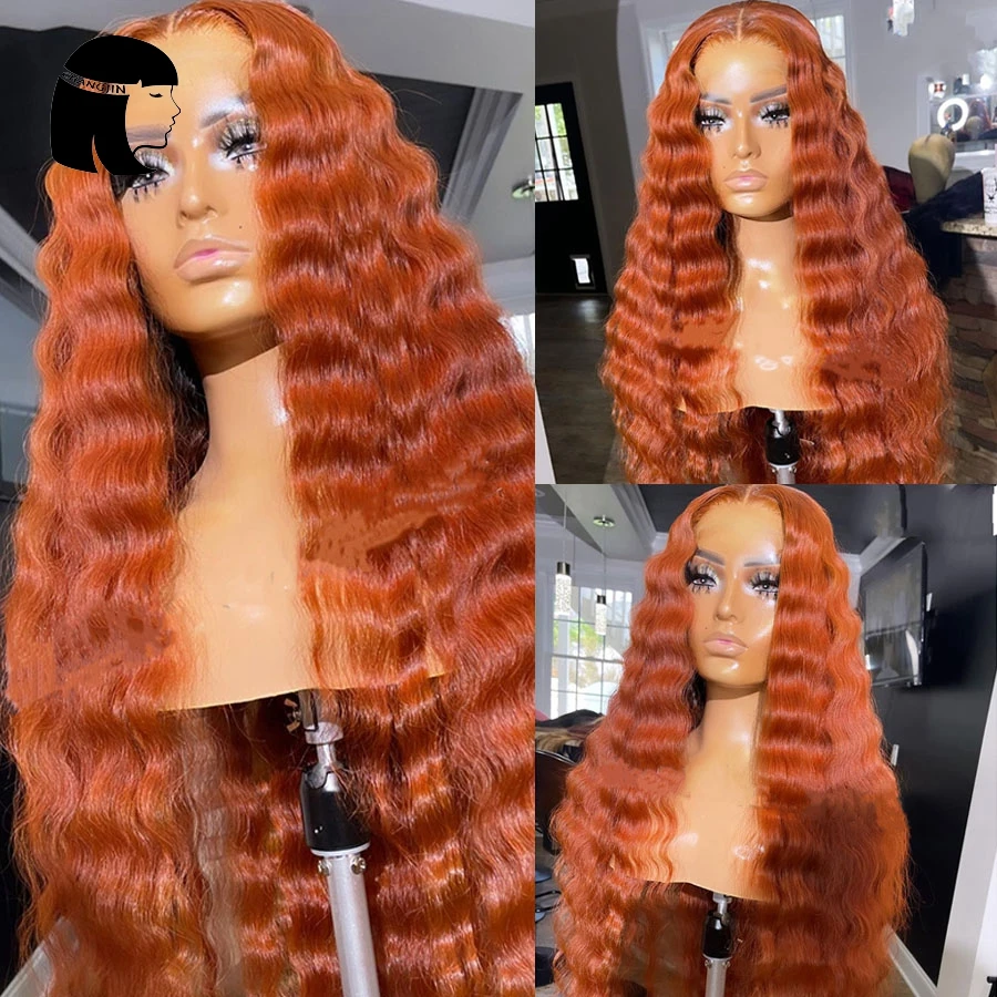 CHAGNJIN 13*6 Orange Color Lace Front Human Hair Wig with Baby Hair Brazilian Remy Hair Curly Glueless Wigs for Women