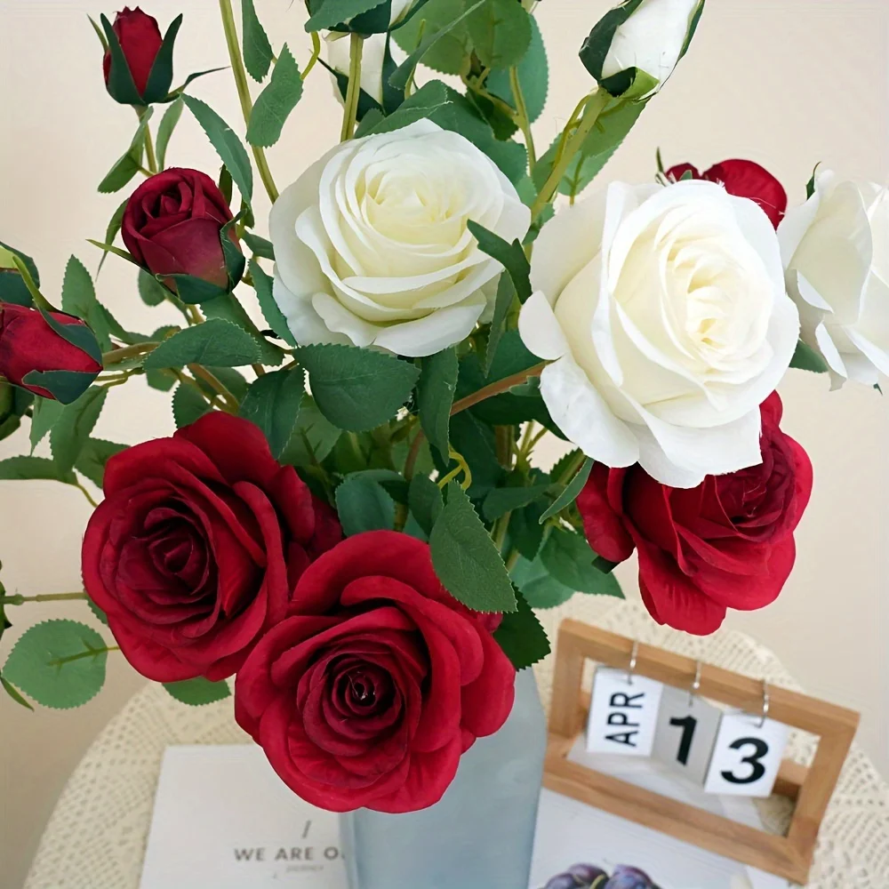 1Pc 4 Heads Silk Roses Artificial Flowers Fake Roses Bouquet with Long Stem Realistic Roses Bouquet for Home Wedding Decoration