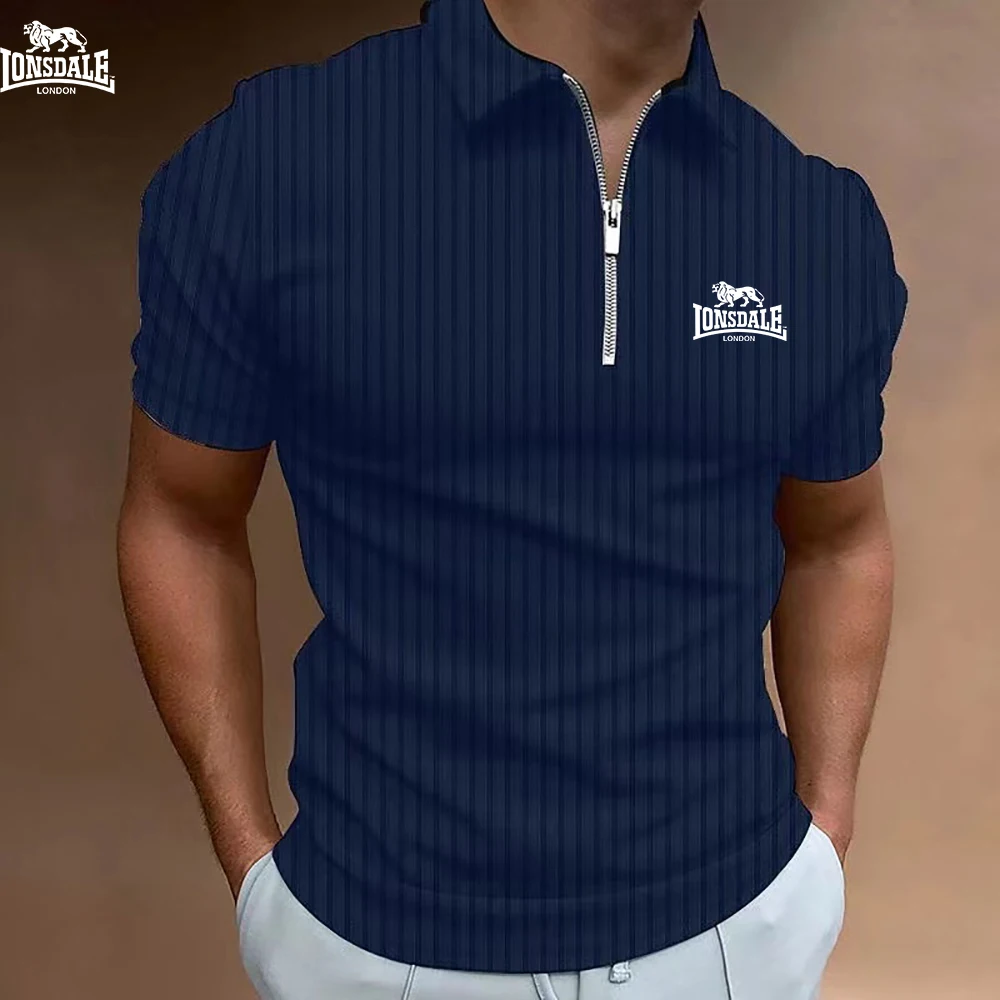 New LONSDALE Printed Men's Short-Sleeved Polo Shirt, 100% Polyester Fiber, Casual, Loose-Fitting, Multi-Functional, With Striped
