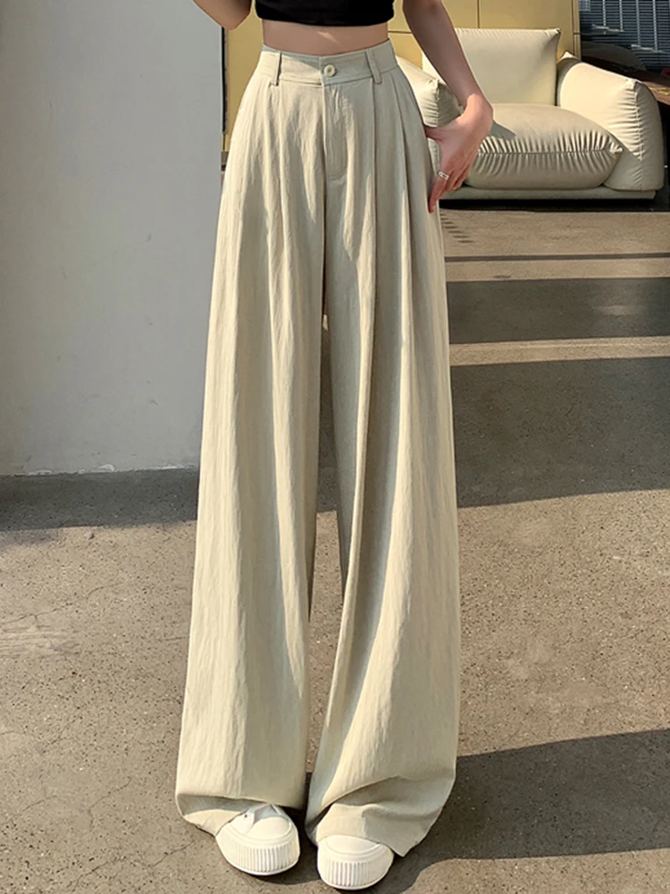 Solid Color Cool High Waist Loose Summer Female Wide Leg Pants Korean Basic Full Length Simple Casual Chicly Pockets Women Pants