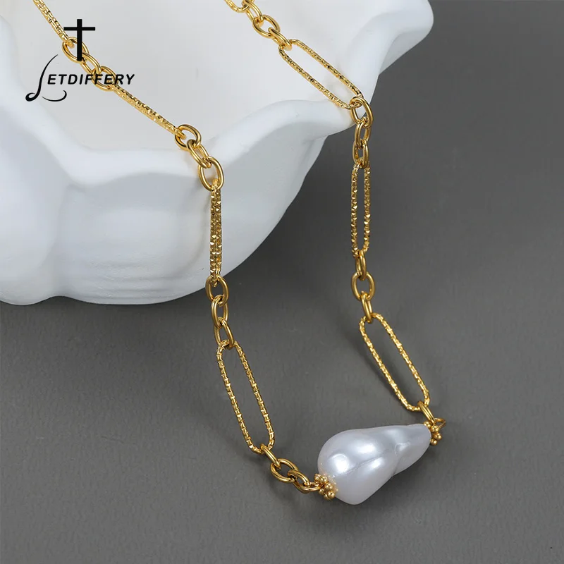 Letdiffery Irregular Imitation Pearl Charm Necklace for Women Stainless Steel Rectangular Chain Pendant Collar Jewelry Gift