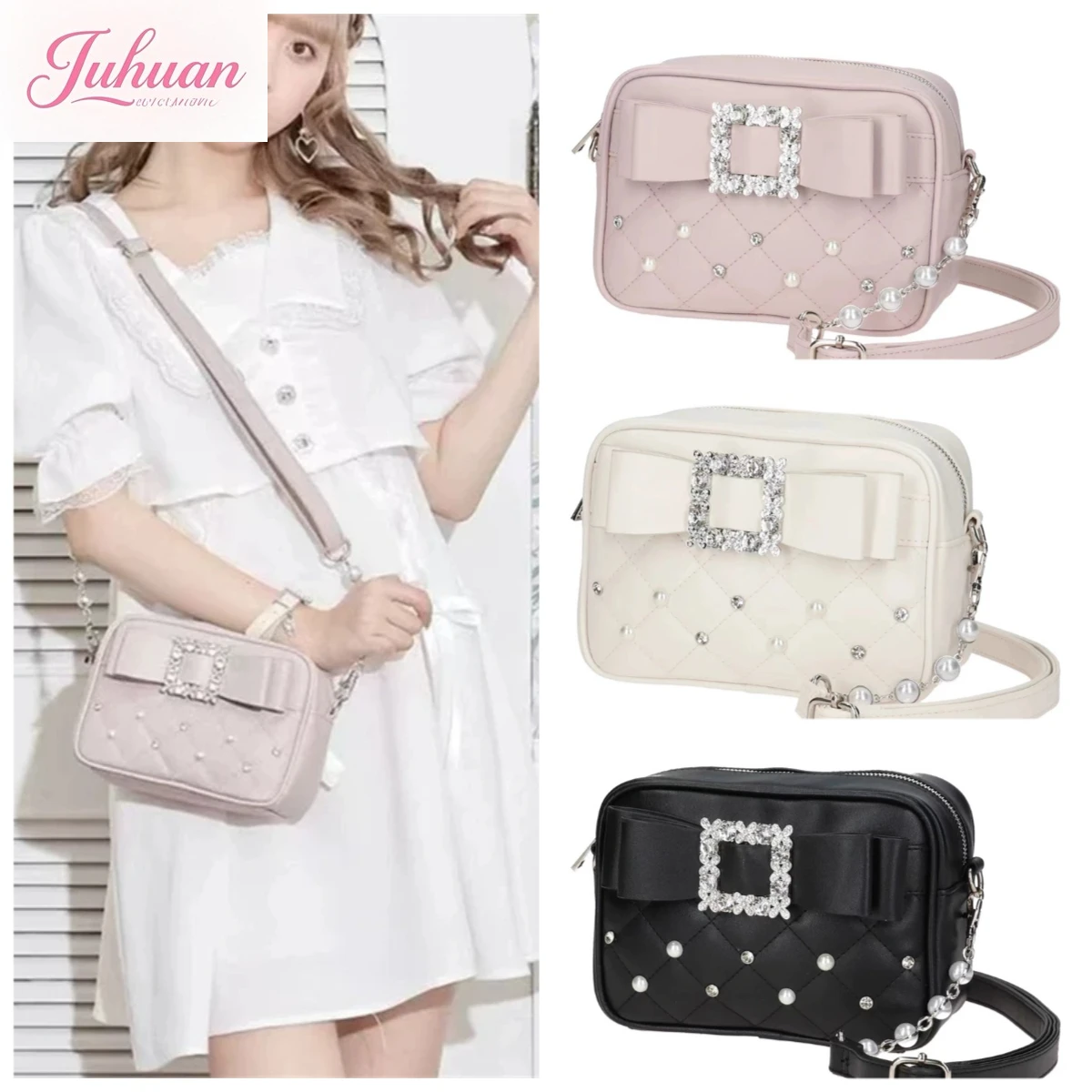 

Japanese Mine Tie Bow Women's Bags Girl Sweet Cute New Pearl Shoulder Messenger Bag Rhinestone Diamond Small Square Bag Females