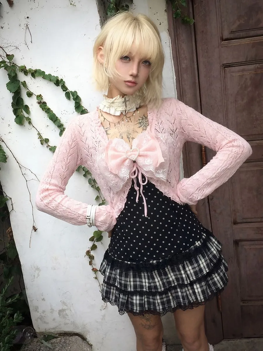 Japanese Sweet Short Skirt Suit  Cardigan + Slim Polka Dot Camisole + Short Skirt Vintage Y2K Harajuku Subculture 2026 New