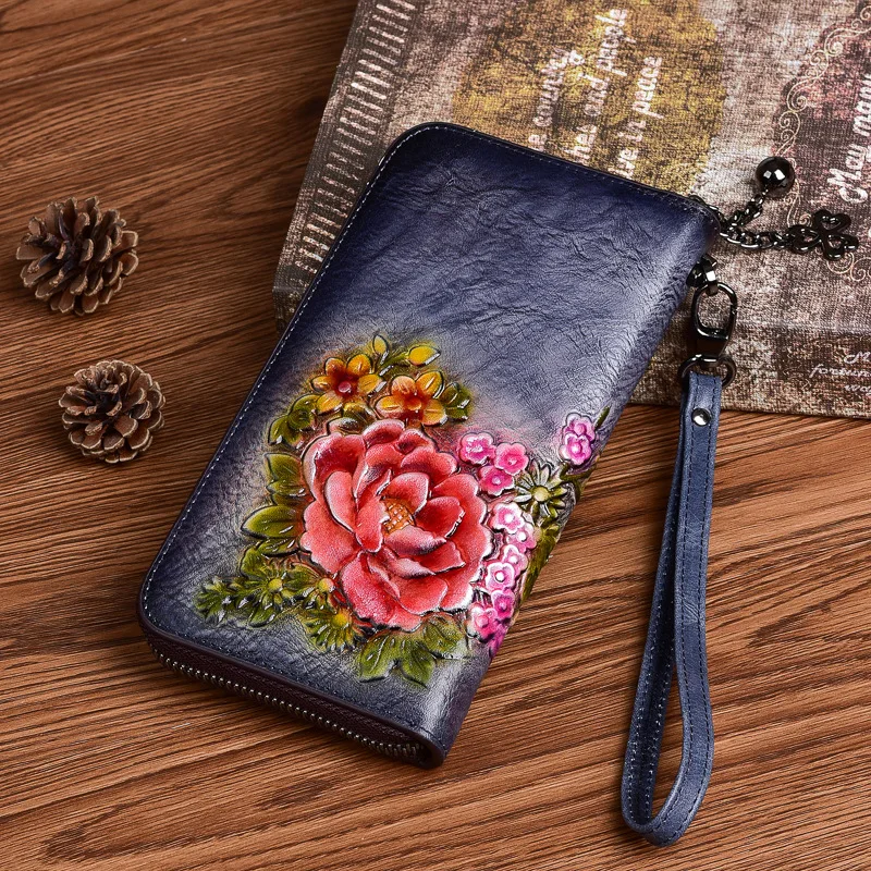 New Retro Women Wallet Genuine Leather Long Zipper Purse Vintage Luxury Handmade Embossed Clutch Bags Card Holder
