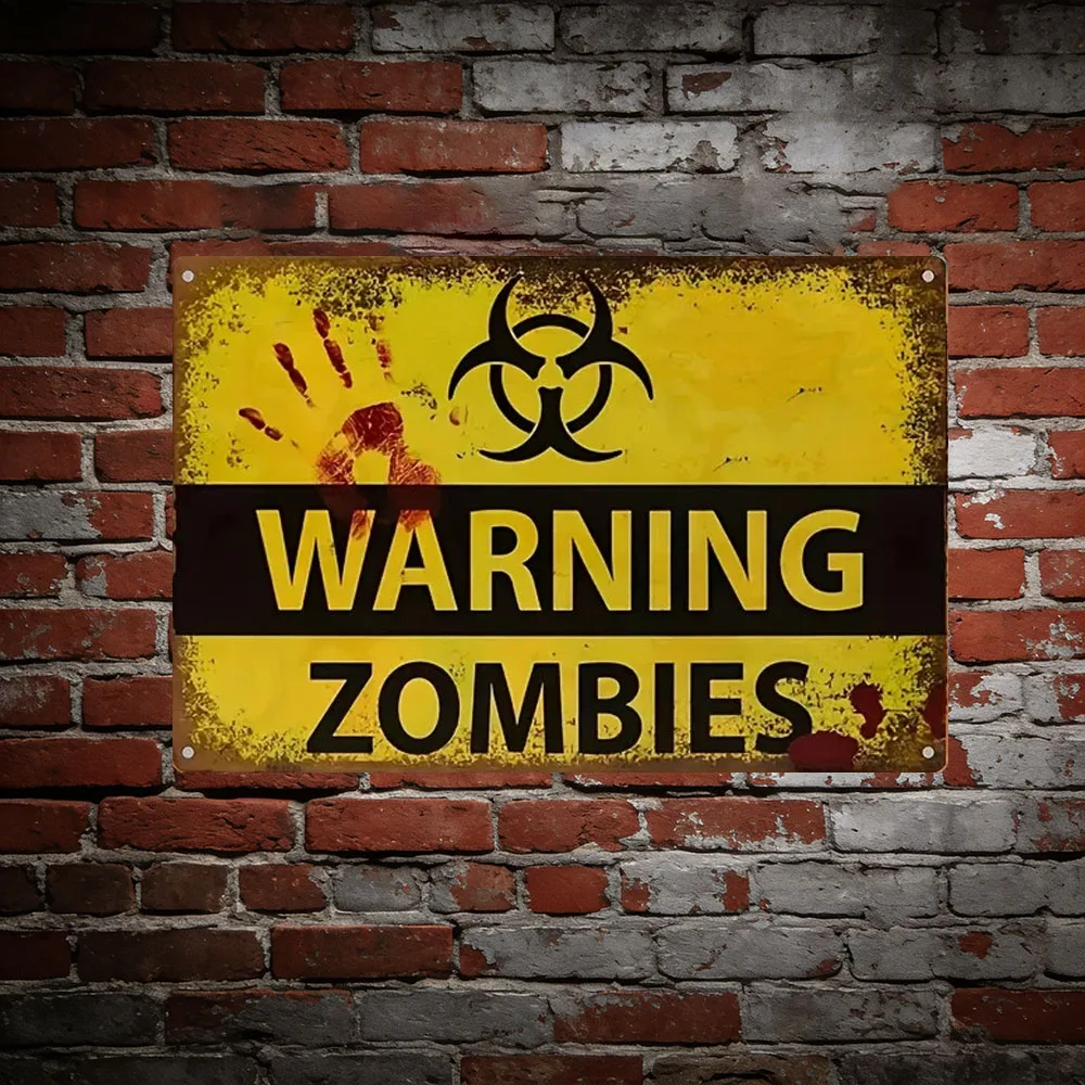 Zombie Warning Retro Tin Sign - Blood Splatter Horror Theme Metal Poster for Halloween, Durable Iron Wall Decor