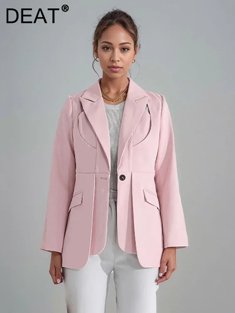 

DEAT Fashion Women Blazer Notched Collar Single Button Irregular Hollow Out Pink Slim Suit Jackets Spring 2024 New Tide CP2212