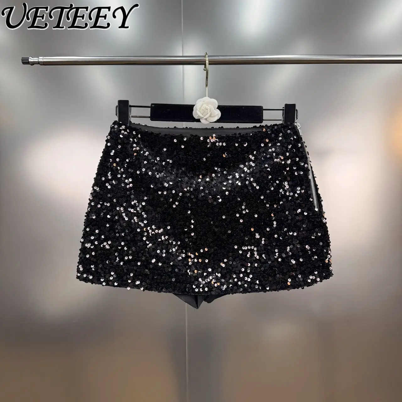 

Spring Summer New Retro Heavy Sequin Black Bodycon Mini Skirt Hot Girl Style High Waist Slim Fit Versatile Zipper Short Skirts