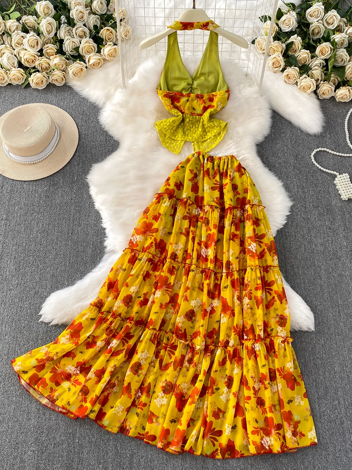 

Sexy Unique Lace Print V-ne Hanging Ne Vest Design Knot Cake Long Skirt Set Women's Faion Summer Outfits