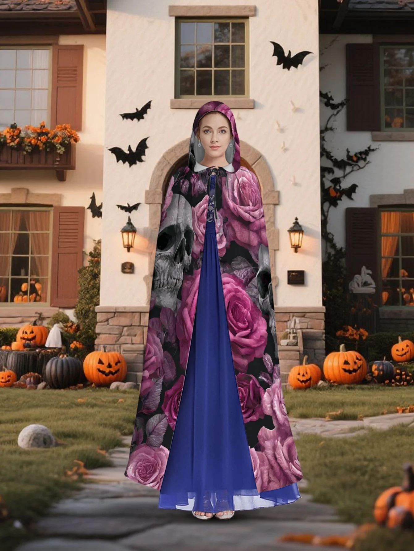 Customization 1pc Lianyaoshi Product Selection 2D Flat Printing Day Of The Dead Cozy Hooded Cape With Pink Roses And Skulls, 100