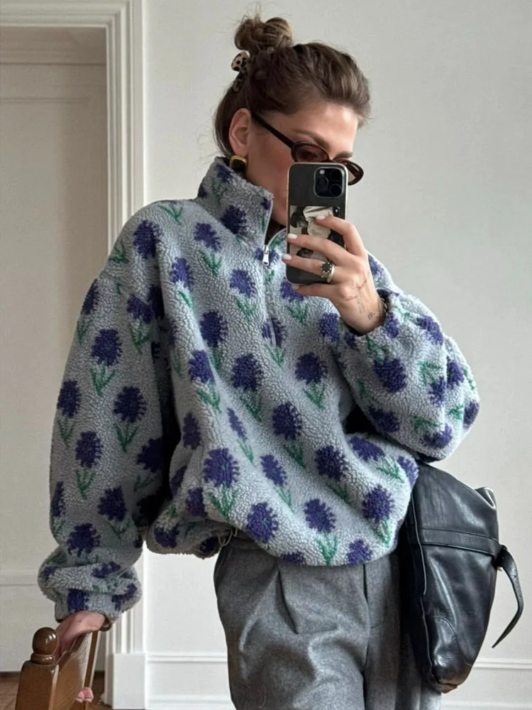 MCDV Bluzy polarowe z nadrukiem vintage, damska moda, kontrastowe, luźne bluzy z krótkim zamkiem, jesienno-zimowe, codzienne topy streetwear