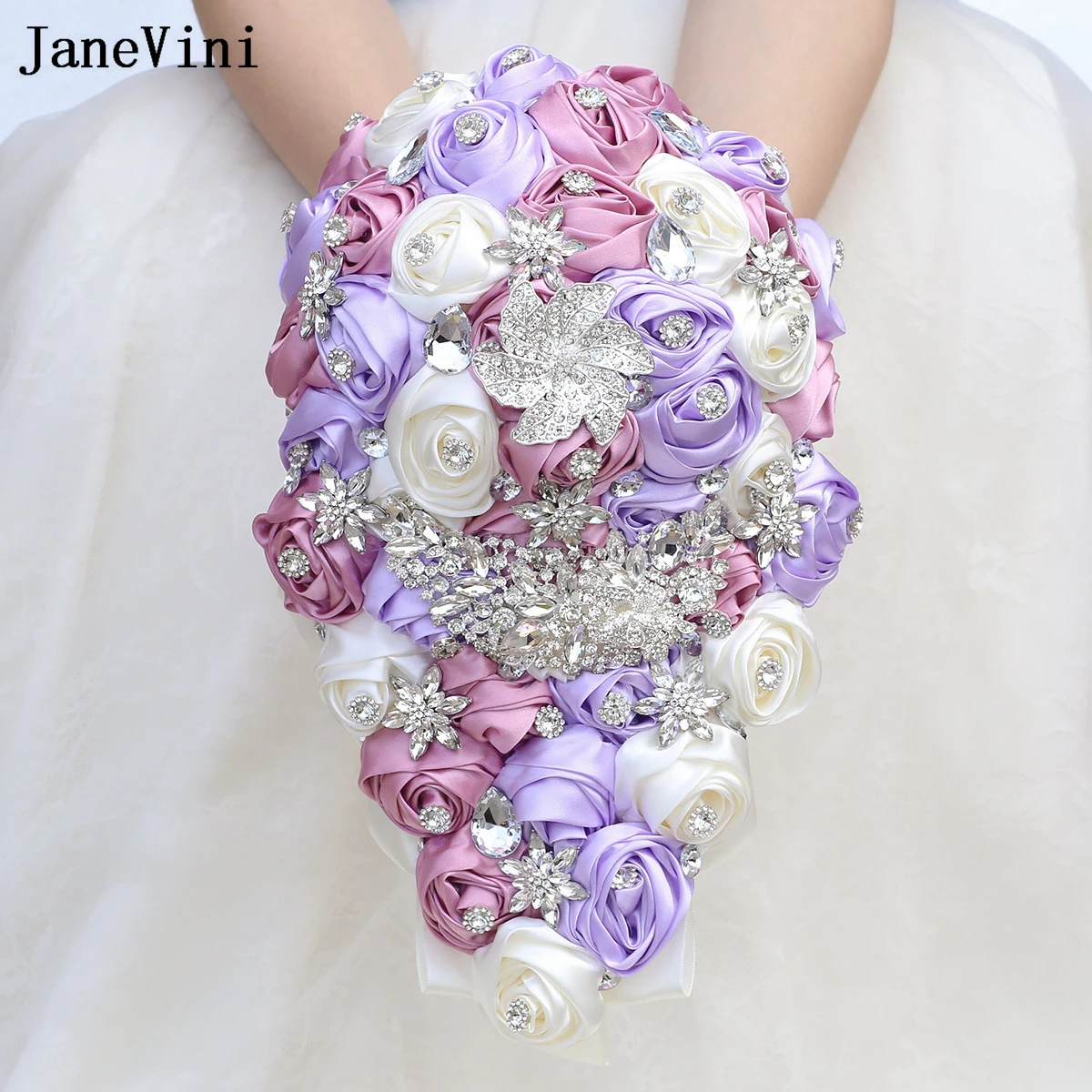 JaneVini-Bouquet de Fleurs en Satin Ivoire, Violet Clair, Cascade, Luxe, Argent, CitroÉl, Patients, Mariage