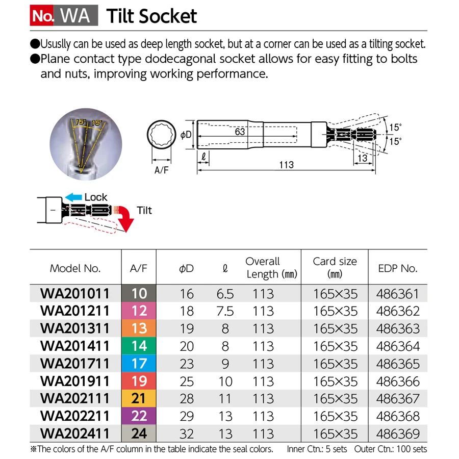 VESSEL Head Swing Socket 1/4 Socket Wrench Twelve-angle Sleeve 113mm A/F10 12 13 14 17 19 21 22 24 WA Series