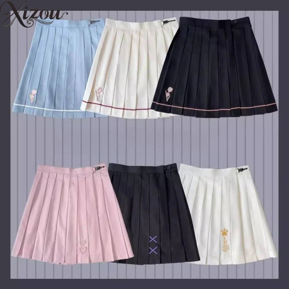 

2025 Women Girl JK Vintage Korean Japanese Patchwork Pleated Skirt Sailor Uniform Tie High Waist Mini Cartoon Print Summer