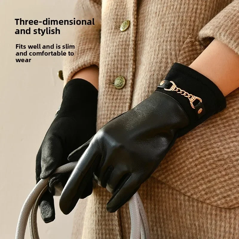 Luxurious High Quality Protein Leather Fleece Lined Women's Gloves Winter Cycling Windproof Keep Warm Elegant Touchscreen Gloves