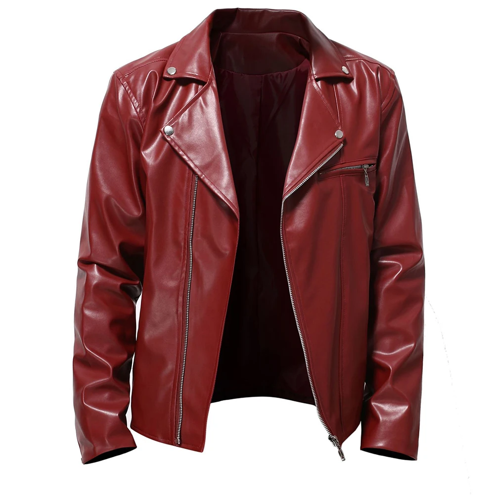 Men's PU Leather Slim Fit Jacket with Lapel Collar Zipper Closure Long Sleeve Motorcycle Punk Outerwear for Casual Use