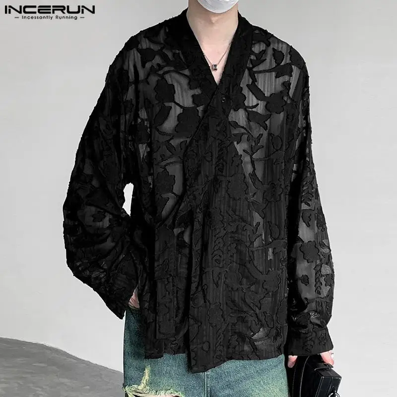 

INCERUN Men Shirt Transparent Jacquard V Neck Long Sleeve Loose Men Clothing Streetwear Lace Up 2024 Fashion Male Shirts S-5XL