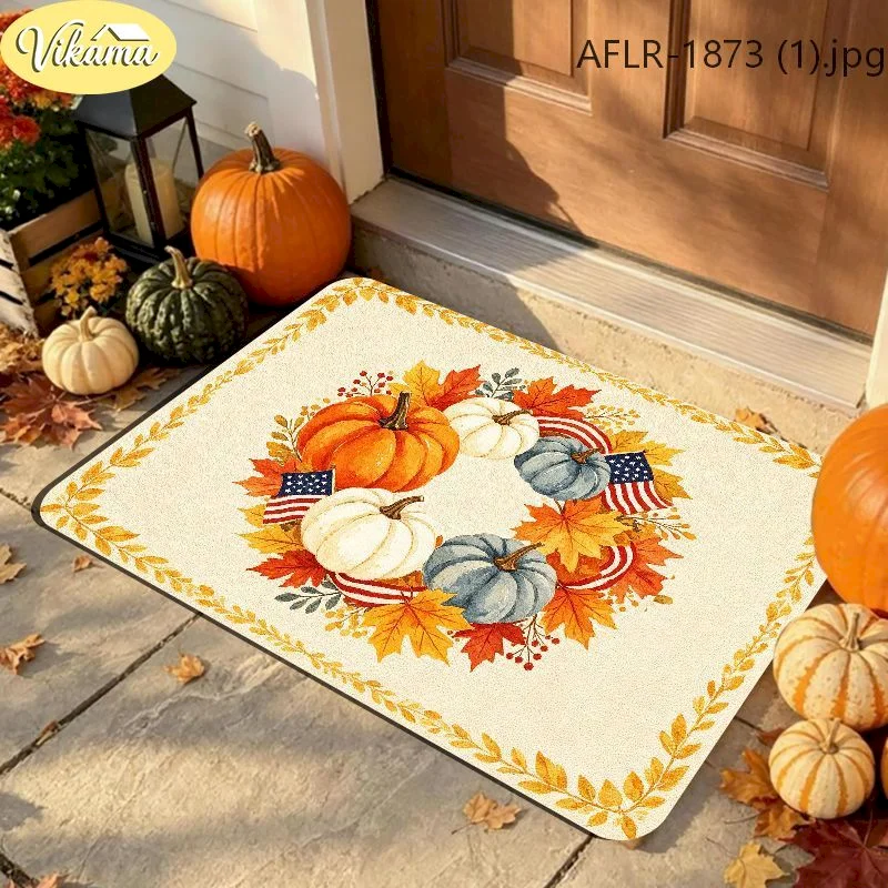 VIKAMA Fall Pumpkin Cart Buffalo Plaid Door Mat Floor Mat Front Door Non Slip Washable Welcome For Home Decor