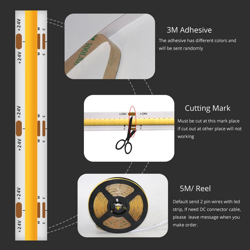 Dimming COB Led Strip Tape Light with Adapter Remote Touch Dimmer Hand Sweep PIR Motion Sensor 12V 9W 320 leds/m Ra 90 Width 8mm