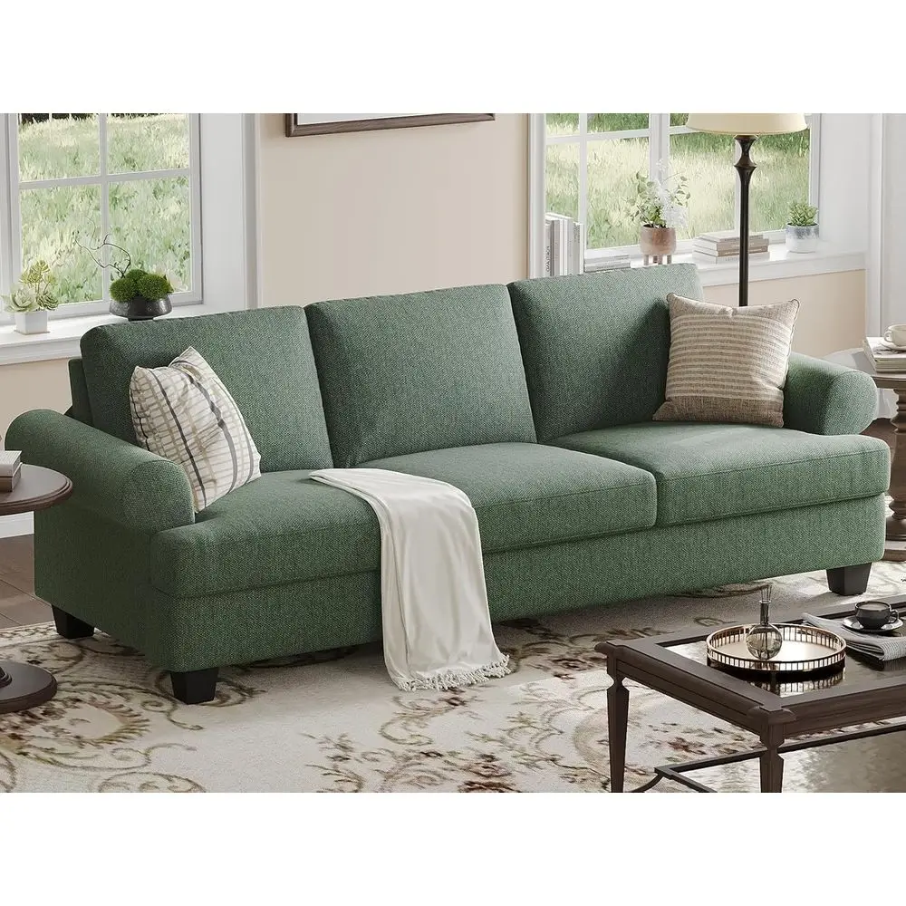 

Deep Seat 3-Seater Sofa with Upholstered Cushions and Backrests, Vintage Green Living Room Furniture