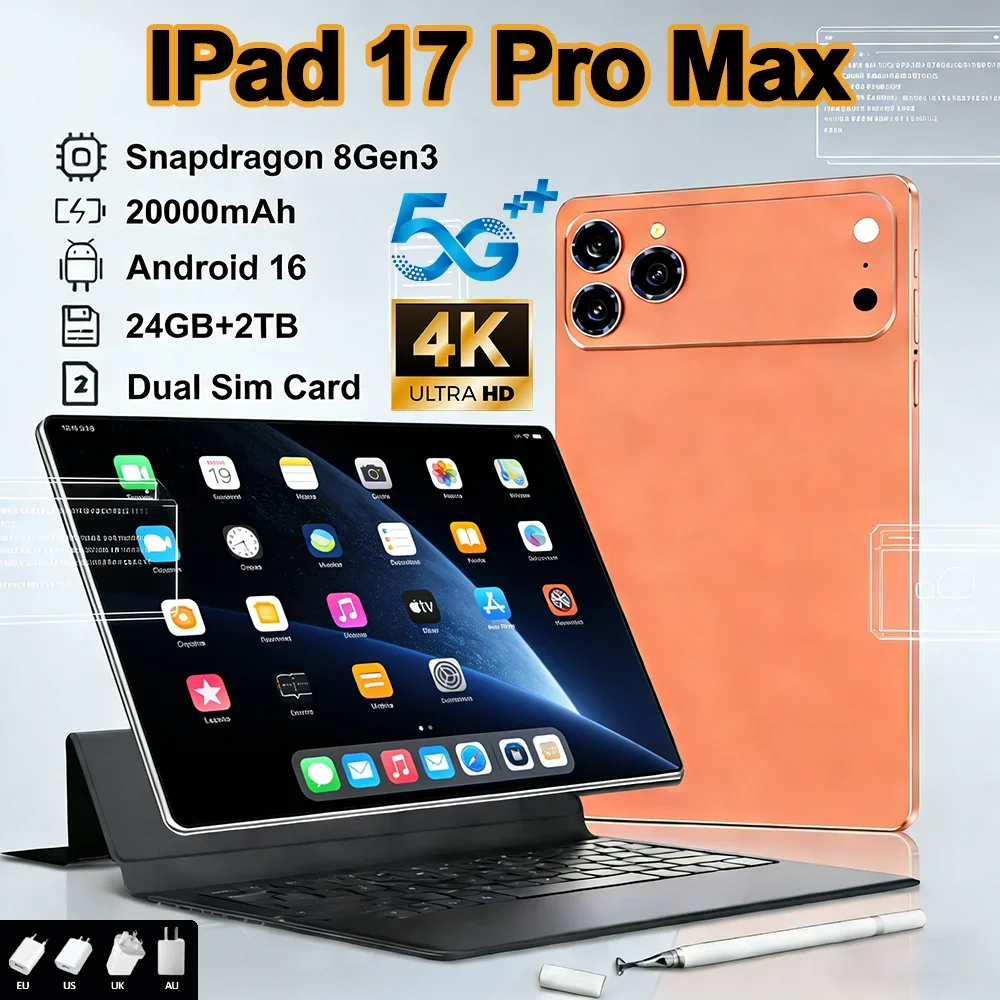 Tablet PC 2026 iPad 17 Pro Max de 11 Pulgadas, 24GB, 2T, Android 16, Snapdragon 8 Gen 3, 5G, Doble SIM, Llamadas, WIFI, 20000mAh, Reconocimiento Facial
