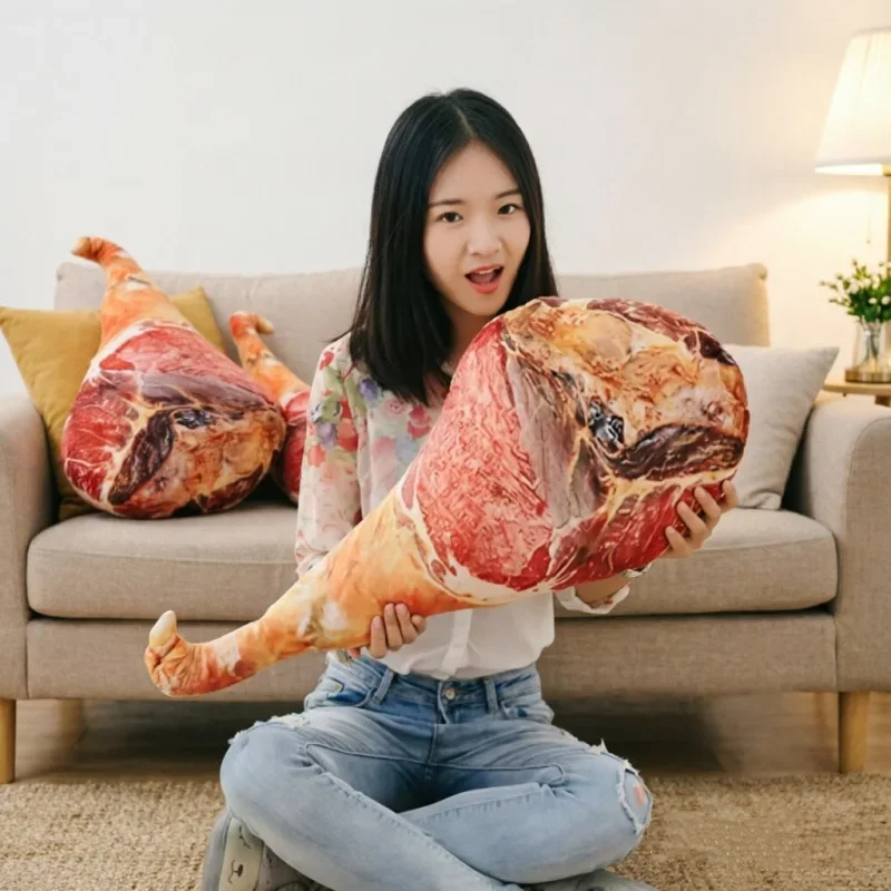 Funny Food Style Plush Toy 3D Simulation Ham Pillow Comfortable Waist Cushion For Home Office Practical Creative Holiday Gift