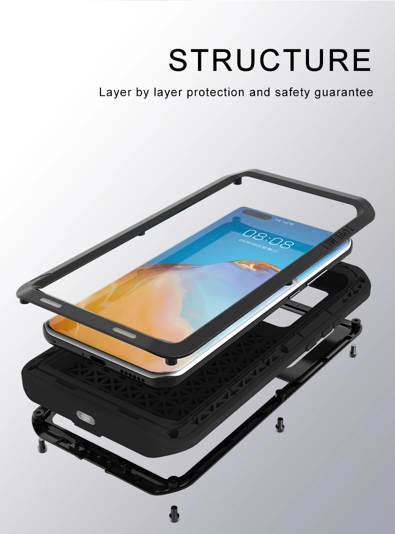 Dropshipping For Huawei P40 P30 Pro Lite Metal Aluminum Armor Shockproof Heavy Duty Case Protective Cover+gorilla Glass