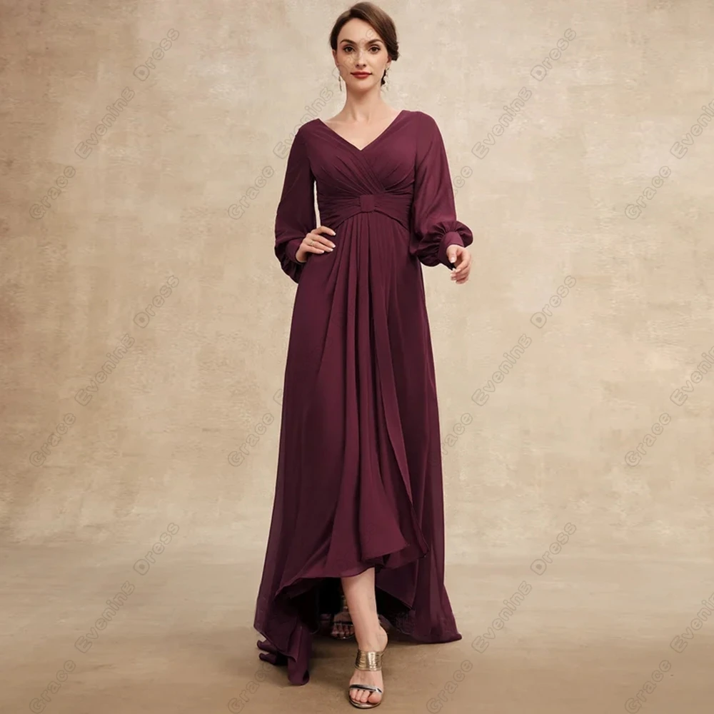 

Burgundy Full Sleeve Mother of Bride Dresses for Women 2024 Ankle Length Chiffon Prom Gowns with Pleat New Robe De Soirée